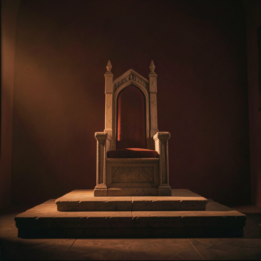 Atmospheric wide shot of a lone throne on a stone dais, lit from one side in burnt orange against deep maroon shadow.
