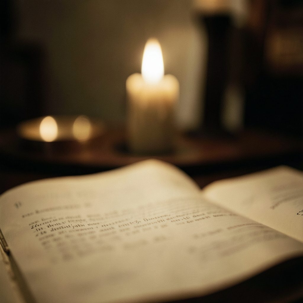 Blurred background of a candlelit manuscript, warm sepia tones, no legible text.