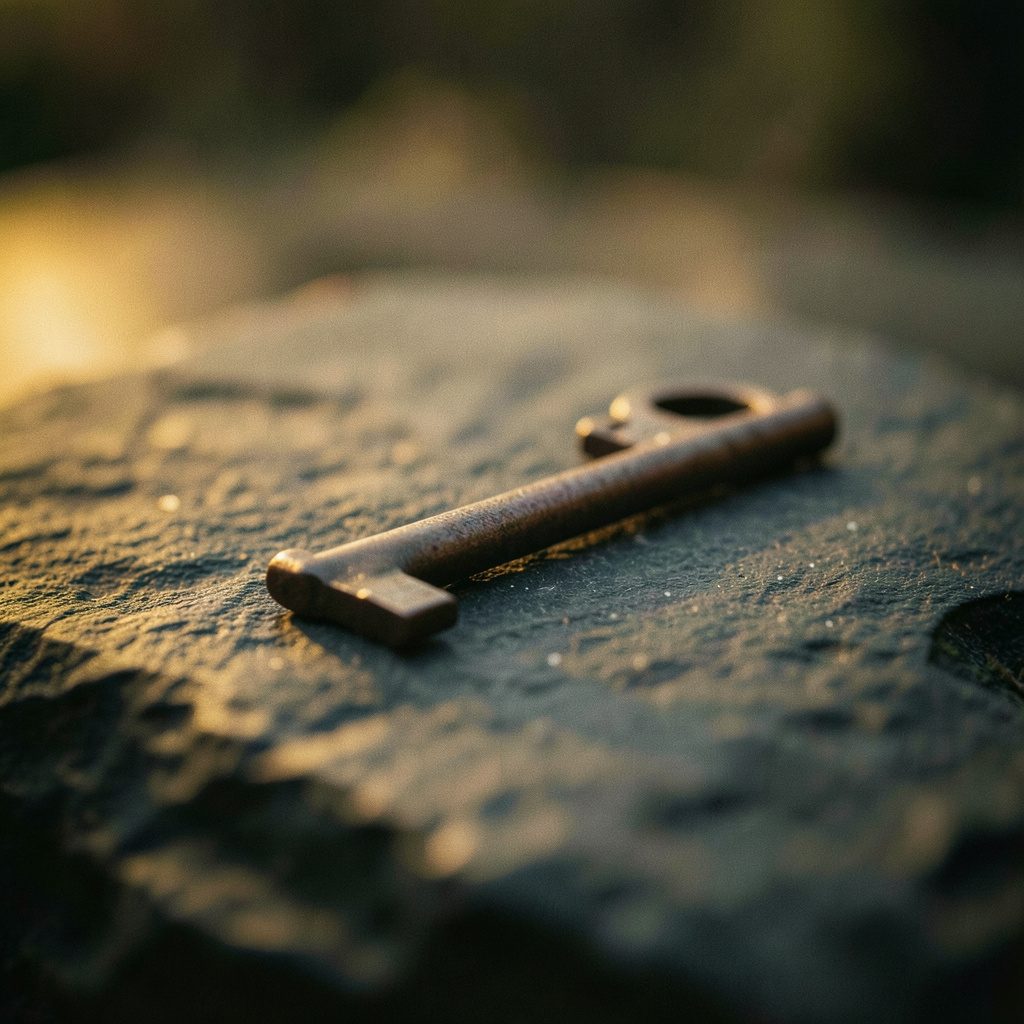 Close view of an iron key on dark stone, shallow depth of field and warm highlight.
