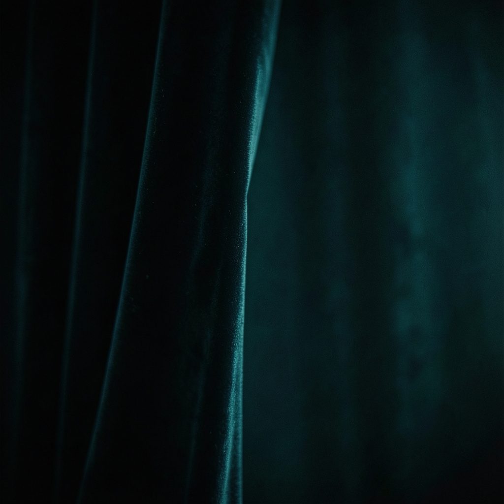 Dark atmospheric image of a velvet curtain half drawn against dim teal light.