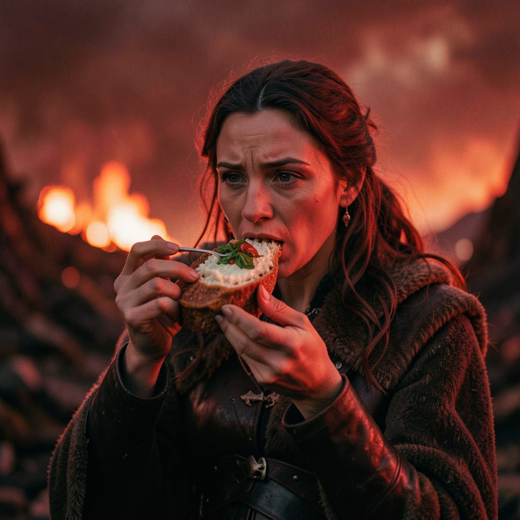 A dark wooden platter piled with hand-decorated fantasy sweets, candlelit amber glow and shadows across a rough stone surface.