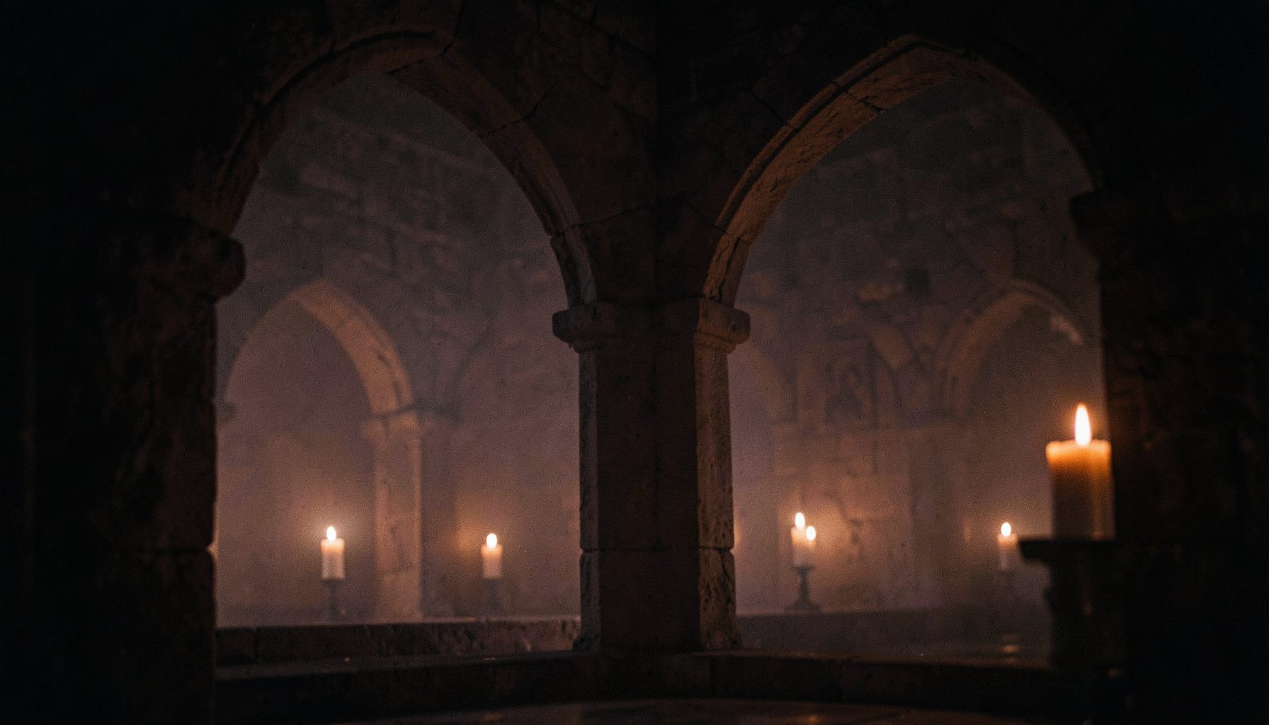 Wide cinematic frame of dark candlelit stone arches fading into haze, deep wine and shadow tones with a faint warm glow.
