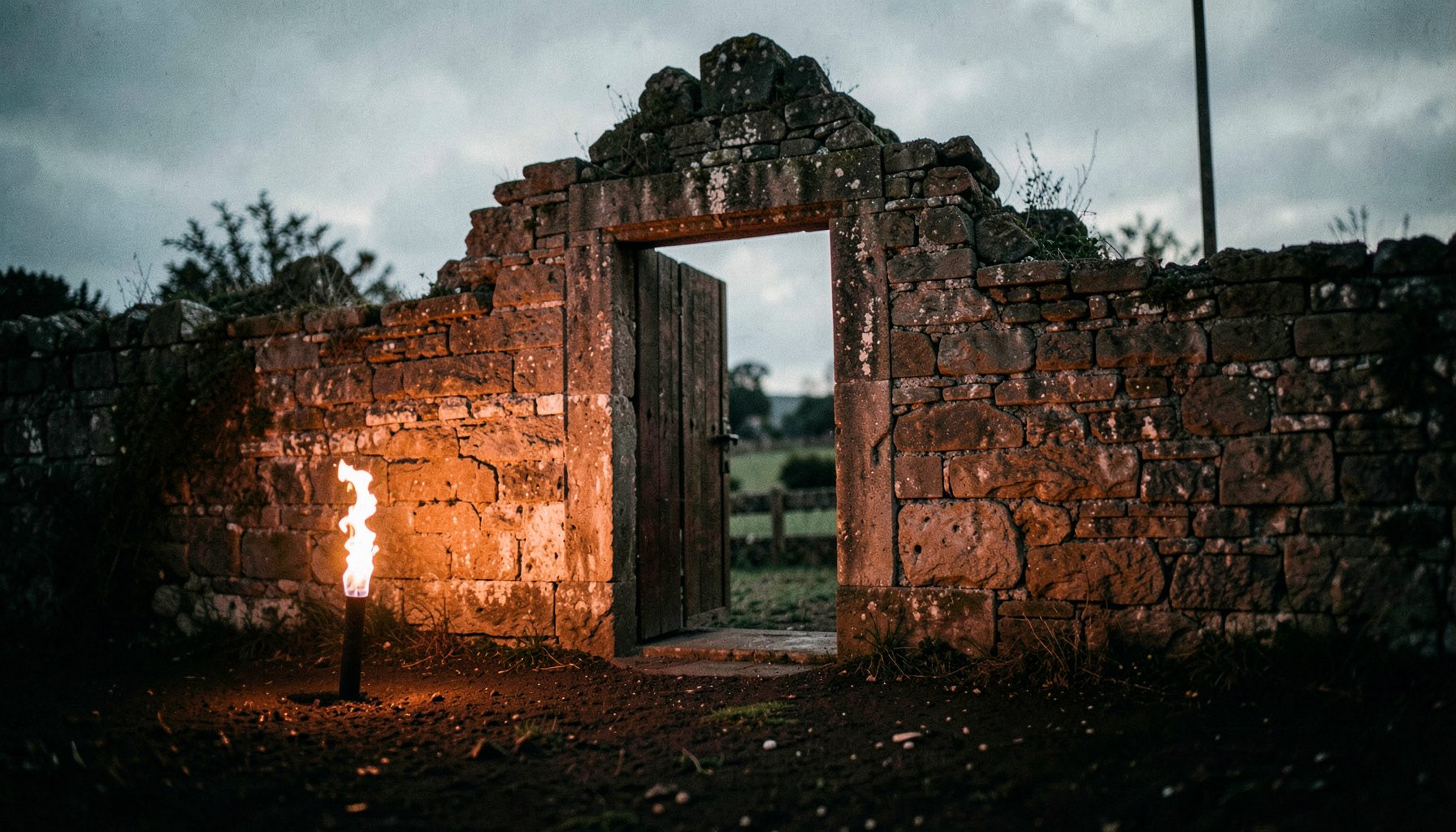 Wide cinematic shot of a weathered stone gate half-open, warm orange torchlight spilling onto dark earth.